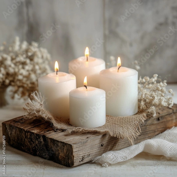 Fototapeta Vier weiße Kerzen auf rustikalem Holzbrett – gemütliche Winter- und Adventsstimmung