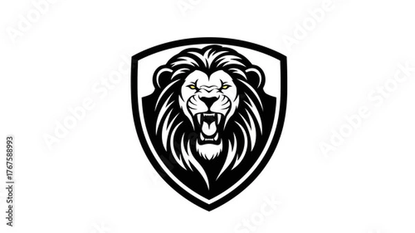 Fototapeta A fierce lion's face, roaring with bared teeth, framed inside a shield-shaped border