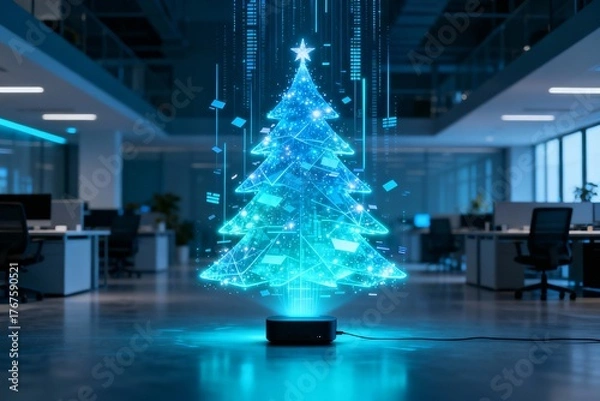 Fototapeta Holographic Christmas tree projection glowing in futuristic blue light, emerging from a small black device in a modern office, shimmering digital particles and geometric lines create a sci-fi high-tec