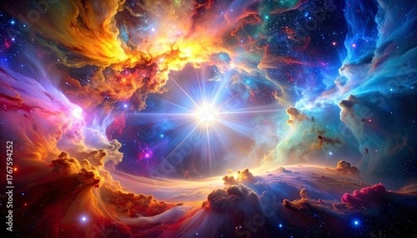 Fototapeta Colorful Nebula with Star Burst and Cosmic Dust in Dark Space