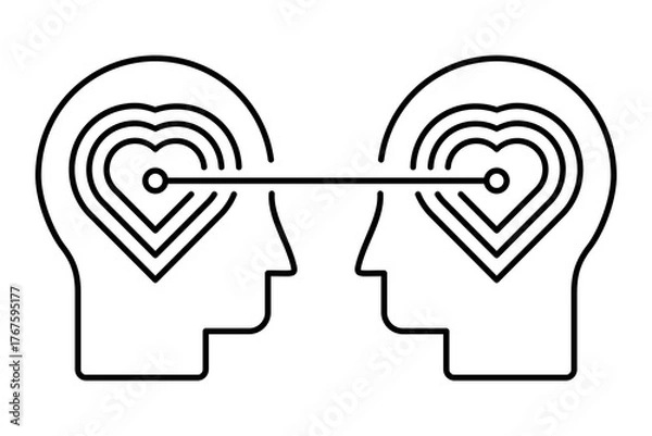 Fototapeta Two heads connected through hearts, symbolizing empathy, love, understanding and emotional connection. Human relationship concepts. psychology, communication and compassion. Vector illustration.  