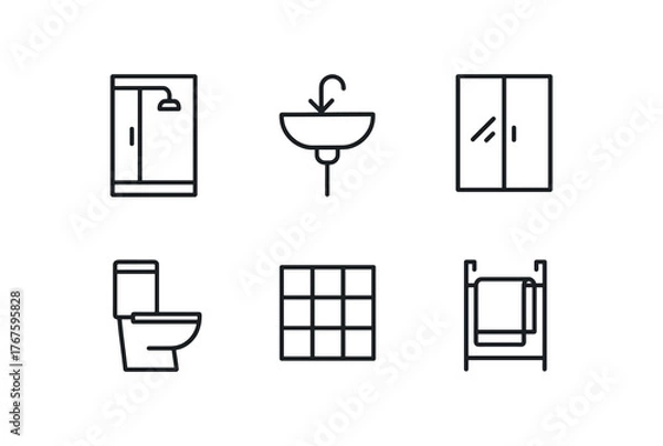 Fototapeta simple outline stroke icon isolated on white background compact shower stall mounted sink mirrored cabinet slim toilet tiled floor area towel rack over door