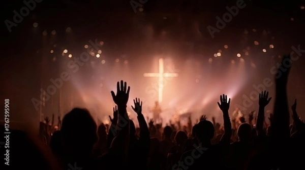 Fototapeta Christian congregation raising hands praying during worship service