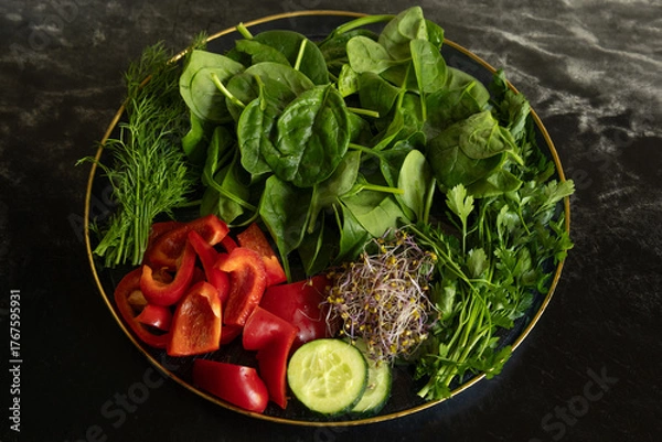 Obraz Bowl with fresh vegetables and greens — spinach, red bell pepper, cucumber, dill and sprouts. Healthy eating, vegetarian food, detox and fitness diet concept.