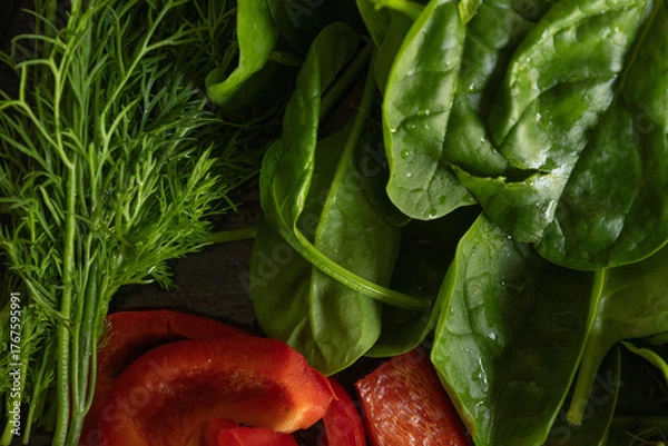 Obraz Bowl with fresh vegetables and greens — spinach, red bell pepper, cucumber, dill and sprouts. Healthy eating, vegetarian food, detox and fitness diet concept.