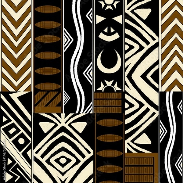 Fototapeta African ethnic tribes, this fabric design blends traditional tribal ethnic with a contemporary aesthetic. Featuring a refined ethnic of brown, grey, and black tones, the pattern captures cultural dep