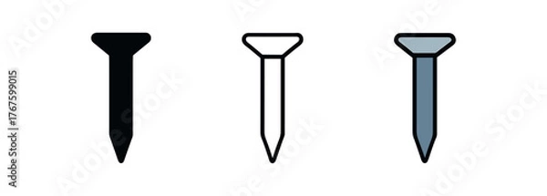 Obraz nail iron pin icon on white background Black silhouette flat icon outline icon and colored icon style. three minimal vector icon style