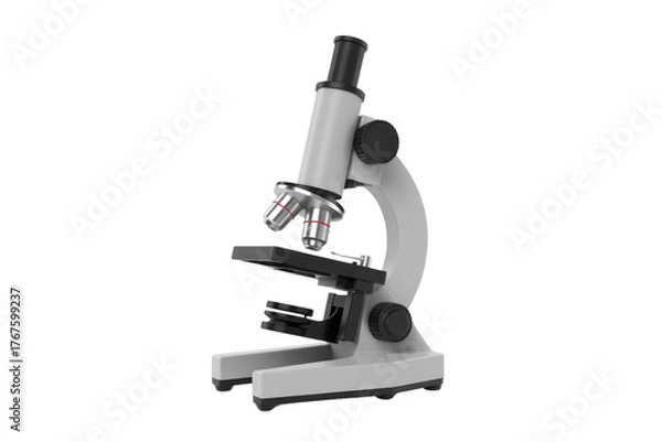 Fototapeta A detailed view of a modern compound microscope with multiple objective lenses and focus controls, ready for scientific observation or laboratory use. background removed
