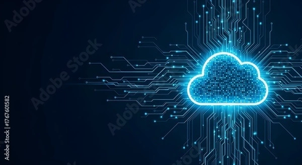 Fototapeta Cloud Computing Icon – Digital Data Network on Futuristic Circuit Board, Copy Space Left