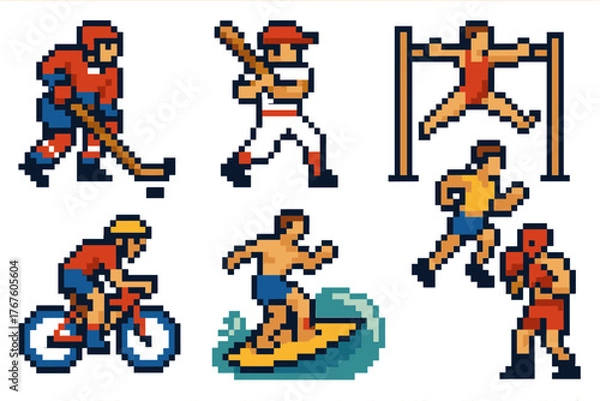 Fototapeta 8 pixel art characters in 8-bit style on a white background. Theme — various sports in a retro gaming format.