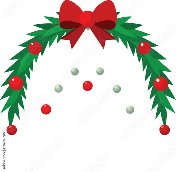 Obraz Festive Winter Arch Frame with Evergreen Foliage Red Berries Red Bow and Hanging Ornaments