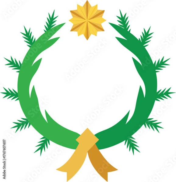 Fototapeta Circular Green Garland with Golden Star and Ribbon Festive Decoration Element Isolated on Transparent Background