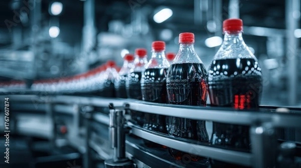 Fototapeta Bottles of Dark Soda on Production Line in Modern Beverage Factory with Bokeh Background and Industrial Equipment in Action for Commercial Use