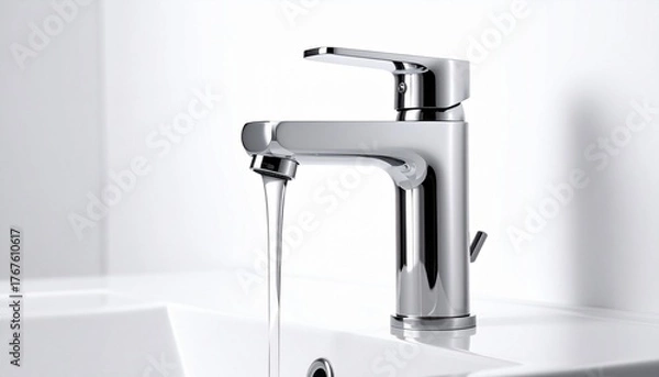 Obraz Chrome-finished minimalist faucet on white surface with light gray background, showcasing sleek modern design.