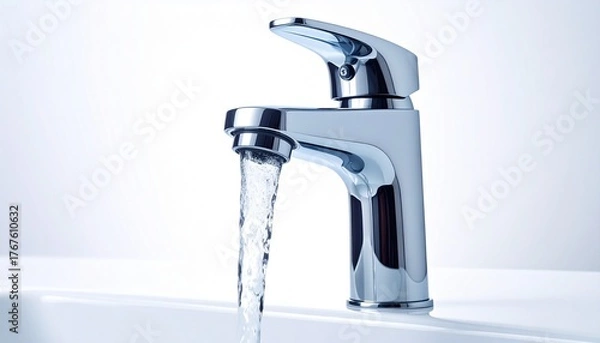 Obraz Chrome-finished minimalist faucet on white surface with light gray background, showcasing sleek modern design.