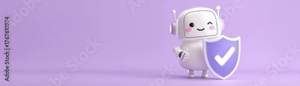 Obraz A friendly robot character holds a shield with a checkmark, set against a soft purple background, security and trust in technology, cute police robot