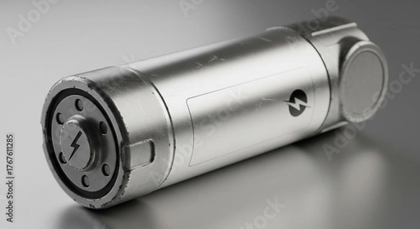 Fototapeta Futuristic metallic cylindrical battery or energy cell on gray surface.
A close-up, high-tech studio shot of a large, cylindrical component, resembling a modern or futuristic battery, energy cell