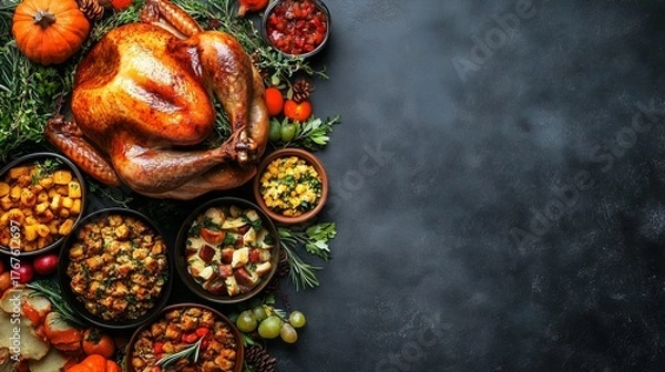 Fototapeta Thanksgiving flat lay with roasted turkey placed on far right edge, variety of sides arranged sparsely across bottom, top half left intentionally blank, neutral textured background 