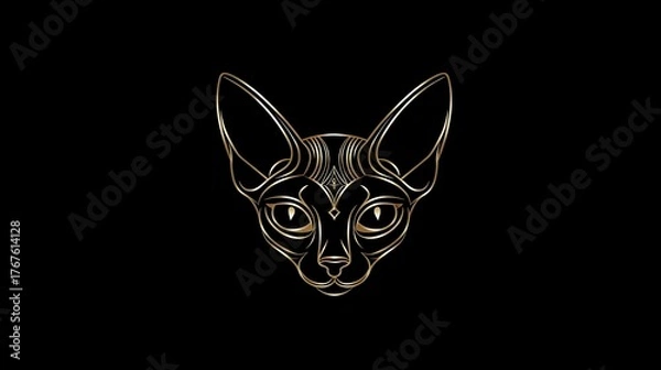 Fototapeta Luxury cat head logo in gold lines on black background. Concept: power, prestige, elegance, premium branding, luxury fashion labels, jewelry brands, elite services, and high-end identity design.
