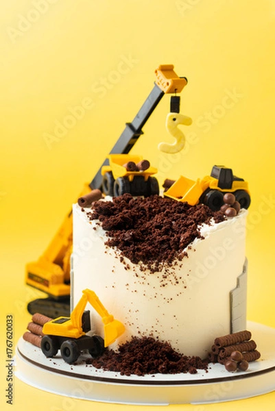 Fototapeta Birthday cake for five year old kid, decorated with construction vehicles. Heavy car themed homemade cake for toddler boy birthday celebration with toy excavators and crane on the yellow background.