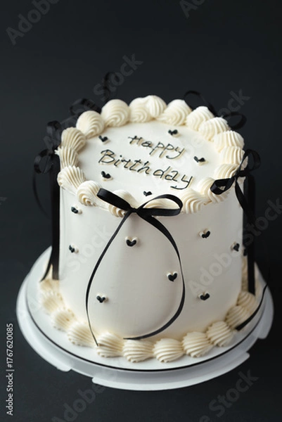 Fototapeta Delicate lambeth style birthday cake with white cream cheese frosting decorated with cream tracery and black happy birthday text on top. Black background