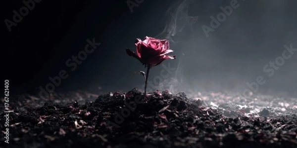 Fototapeta Single red rose emerging from dark soil with wisps of smoke flower growth