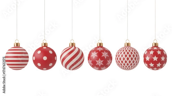 Fototapeta Six festive red and white christmas ornaments with various patterns isolated on transparent background