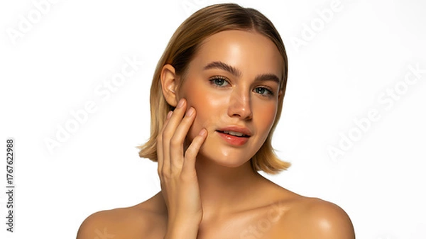Obraz Beautiful young woman with clean glowing skin touching face on white background
