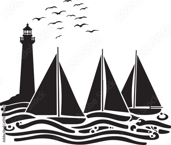 Fototapeta Lighthouse and Sailboat Silhouette on Ocean Waves
Nautical Sea Scene with Lighthouse, Sailboats, and Birds
Maritime Silhouette Artwork with Lighthouse and Sailing Ships
