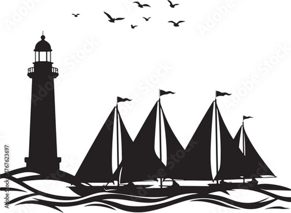 Fototapeta Lighthouse and Sailboat Silhouette on Ocean Waves
Nautical Sea Scene with Lighthouse, Sailboats, and Birds
Maritime Silhouette Artwork with Lighthouse and Sailing Ships