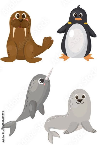 Obraz A clipart set of cute and adorable polar animals for educational elements and children's books 