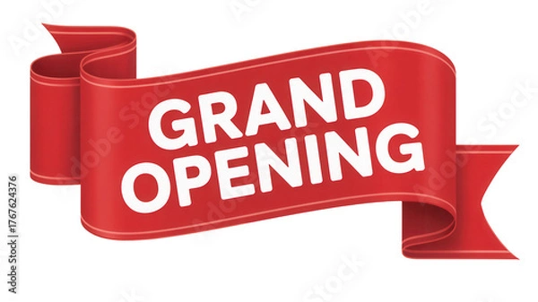 Obraz Bold red ribbon banner announcing grand opening event isolated on transparent background
