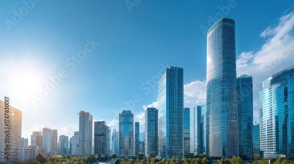 Fototapeta Modern city skyline with glass building and skyscraper. Urban landscape for business development concept with clear sky in bright day.