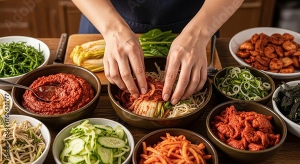Obraz Hands skillfully assemble vibrant Korean bibimbap with fresh ingredients, showcasing culinary preparation and delicious Asian cuisine.