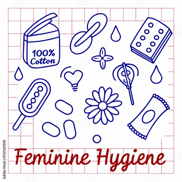 Fototapeta Essential feminine hygiene products illustration promoting women's health and wellness, designed for informational graphics or educational content, simple and clean