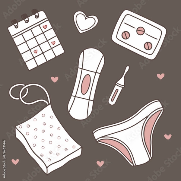 Fototapeta Menstrual cycle essentials with calendar marked with hearts, feminine hygiene products for period days, monthly planning and self-care routine