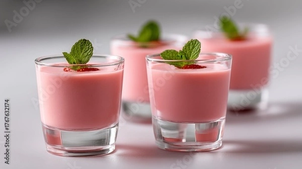 Obraz Close up of strawberry mousse dessert shooters in glass cups with fresh mint on light gray background