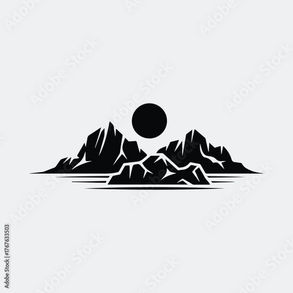 Obraz Silhouette mountain range landscape with sun reflection on water vector illustration
