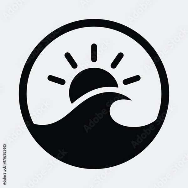 Obraz Silhouette ocean wave with rising sun in circle Vector illustration