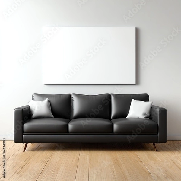 Fototapeta Modern Living Room: An inviting space featuring a sleek black sofa, complemented by bright white pillows and a minimalist blank canvas for your own artwork. It all rests upon a warm wooden floor.