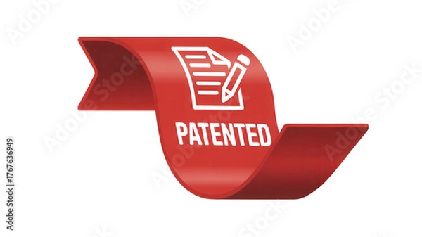 Obraz Red ribbon banner with patent document and pencil icon isolated on transparent background