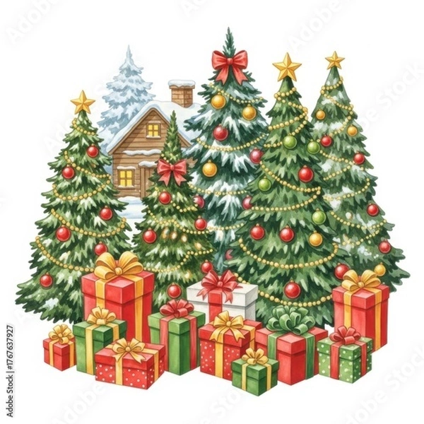 Obraz Cozy winter cabin surrounded by decorated christmas trees and gift boxes, isolated on white background