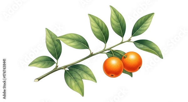 Fototapeta Illustration of kumquat on a branch with leaves isolated on a transparent background. Realistic citrus fruit branch with leaves and two ripe oranges on black