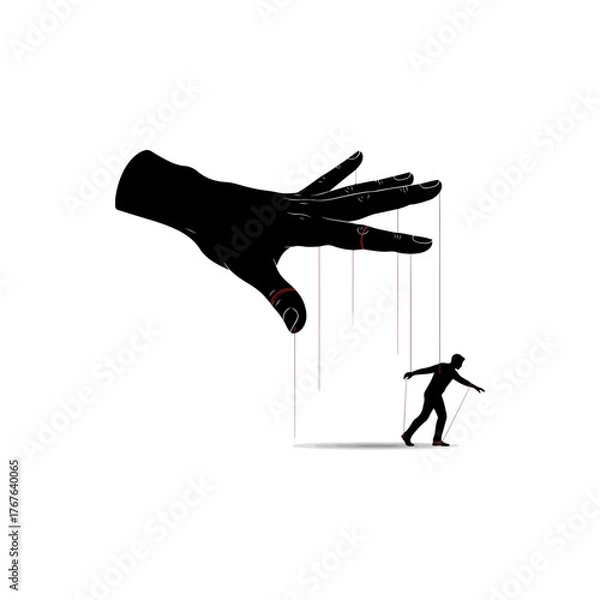 Fototapeta Black Silhouette Hand Controlling Marionette Puppet Figure on Strings With Red Accents Symbolizing Control Manipulation and Influence