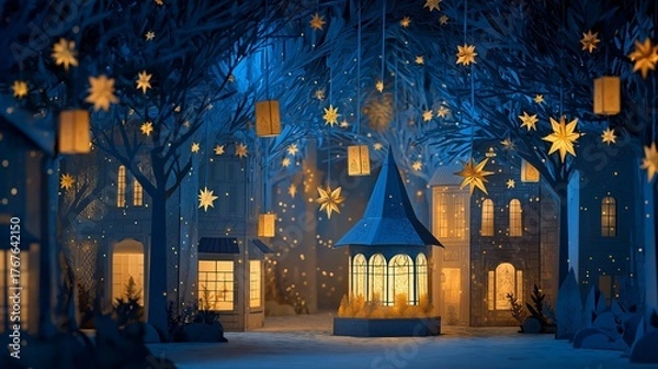 Fototapeta 飛び出す絵本、星が輝くクリスマスの夜のペーパークラフト