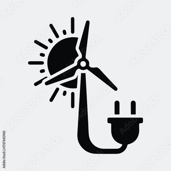 Obraz Silhouette wind turbine with sun and electrical plug Vector illustration