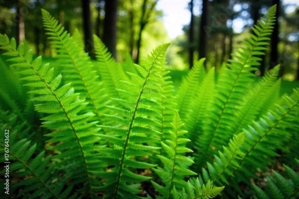 Obraz Sun Drenched Fern Fronds Unfurling in a Lush Forest Canopy Sunlight streams through a forest canopy, creating dappled light and shadow patterns. In focus are vibrant green fern fronds in various