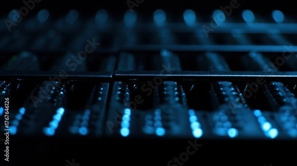 Obraz cables. Close-up view of illuminated server components in a data center with cool blue lighting. product launch decks, UI/UX mockups, designed for data visualization dashboards and holographic UIs.