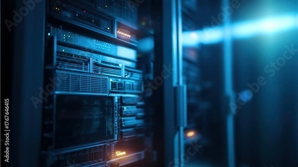 Obraz cables. Close-up view of illuminated server components in a data center with cool blue lighting. product launch decks, UI/UX mockups, designed for data visualization dashboards and holographic UIs.