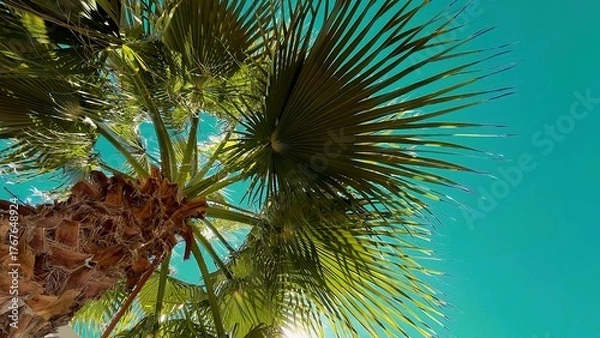 Fototapeta Bright Green Palm Tree With Clear Blue Sky During a Sunny Day in a Tropical Location